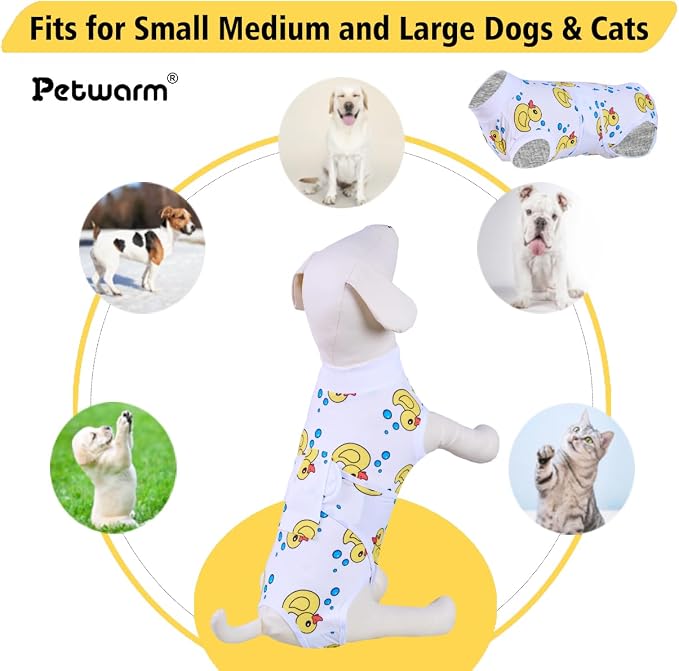 PetWarm Surgical Suit for Male Dogs After Neuter, Recovery Suit for Female Dogs, Dog Bodysuit for Abdominal Affected or Sensitive Skin Areas Substitute E-Collar and Cone, Duck Pattern, White, XS