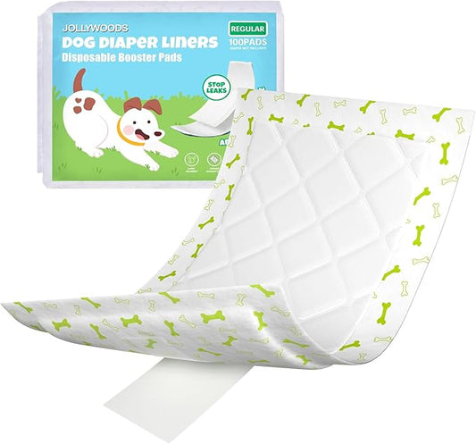 Jollywoods Dog Diaper Liners 100Pcs, Disposable Diapers Inserts for Male & Female Dogs, Booster Pads Fit Reusable Dog Belly Bands, Male Wraps and Period Diapers, Super Absorbent Leakproof Regular