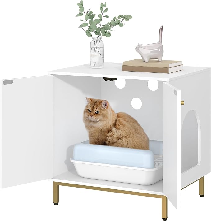 Hzuaneri Cat Litter Box Enclosure, Hidden Litter Box Furniture Cabinet, Wooden Indoor Cat House, Side End Table, Living Room, Bedroom, White and Gold CB81203G