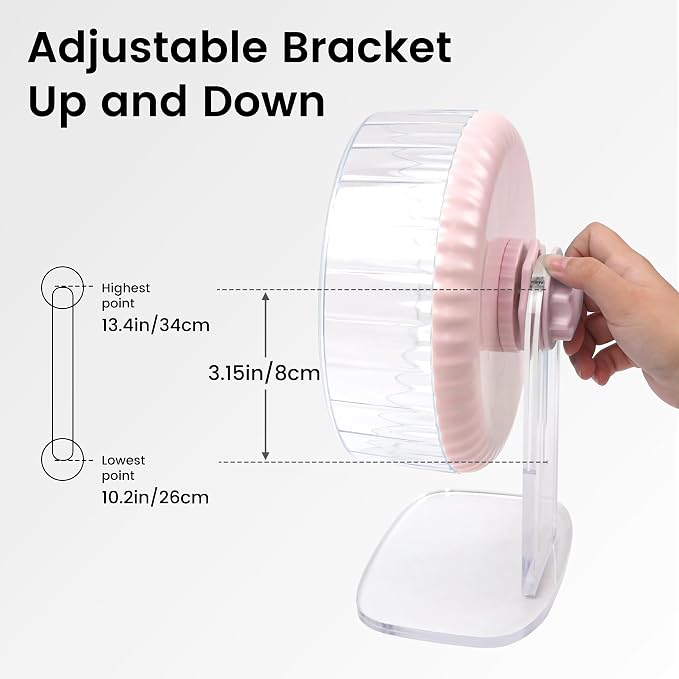 Silent Hamster Wheel, 10in Hamster Wheel with Adjustable Stand, Double-Bearing Quiet Spinner for Syrian Hamsters, Hedgehogs, Mice & Small Pets, Pink