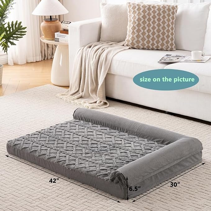Dog Bed, L-Shaped Plush Sofa with Bolster, Memory Foam Pet Bed, Machine Washable Cover, for All Dog and cat Breeds (Dark Gray, 42" x 30" x 6.5")