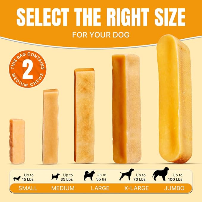 Tibetan Yak Cheese Dog Chew Sticks (2 Medium Chews) - Natural, Handmade, Long-Lasting, Easy to Digest, Ideal for Medium Dogs and Aggressive Chewers, Rawhide, Grain and Gluten Free, Keeps Dogs Busy