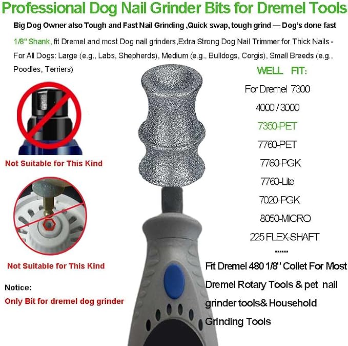 Diamond Dog Nail Grinder Bit Compatible with Dremel 7760 7350 & More, 1/8'' Stress-Free Replacement Head Attachment, Ideal for Medium, Large & Extra Large Dogs, Thick Nail Grooming, 2-Pack | 1/8" Diamond Bit, Safe Nail Trimming, Smooth for Thick Nails