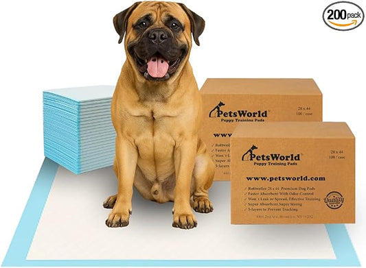 PetsWorld 2XL Dog Pee Pads 28"x44" 200 Count – Extra Large Pet Pee Pads for Dogs & Puppies, Heavy Duty Leak-Proof Dog Training Pads, Super Absorbent Quick-Dry Potty Pads with Odor Control