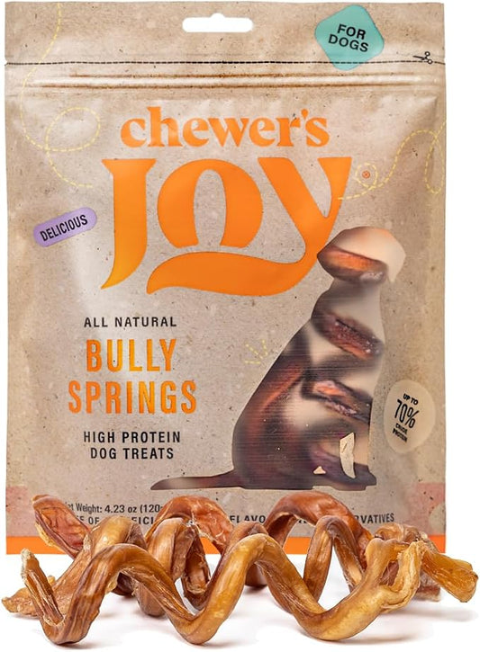 Chewer's Joy Bully Spring Chews (6 Count) – Natural Dog Treats – Single Ingredient Long-Lasting Chews, High Protein