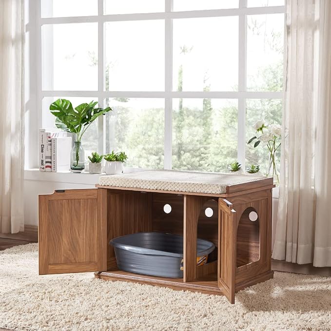 unipaws Cat Litter Box Enclosure Furniture, Hidden Litter Box Cover Washroom, Dog Proof Cabinet House for Large Cat, Hideaway Litter Box, Walnut