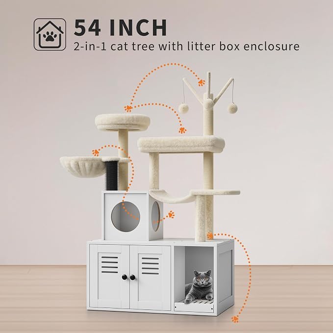 Garvee 55-Inch Litter Box Enclosure with Cat Tree, 2-in-1 Modern Large Cat Tower for Indoor Cats with Condo/Hammock/Scratching Post/Plush Perch/Caves, Wooden Hidden Litter Box Furniture, White