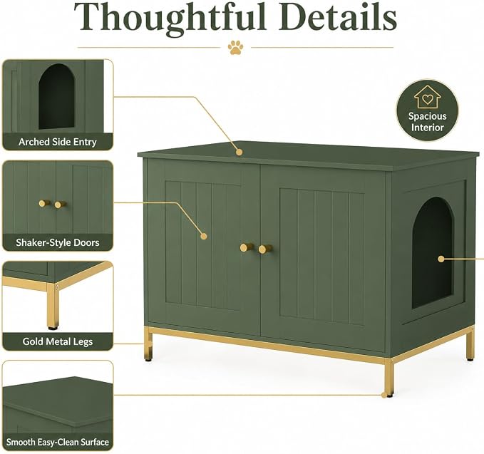 Homhedy Cat Litter Box Enclosure, Cat Washroom Furniture with Metal Frame, Pet House, Fit Most of Litter Box, Modern Style, Green and Gold