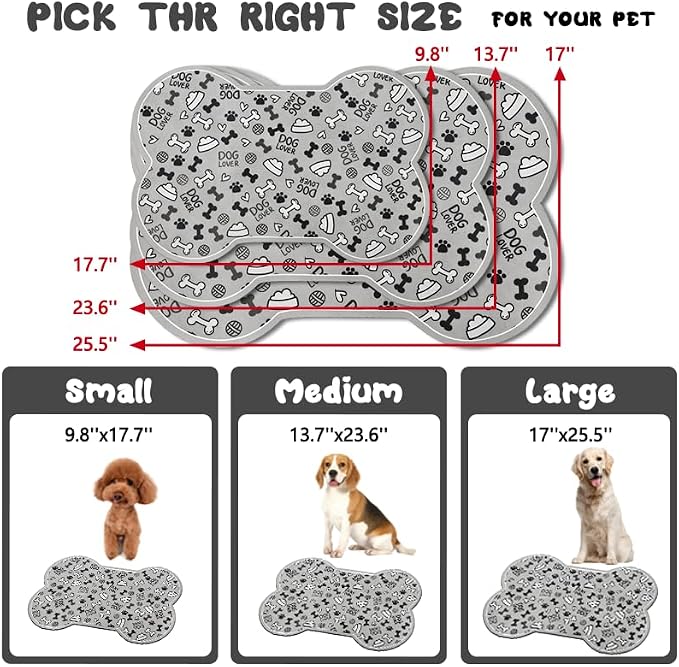 Dog Food Mats for Floors Waterproof, Pet Feeding Absorbent Water Bowl Mat Cat Placemats Gray Bone Shape 19 * 12 inch