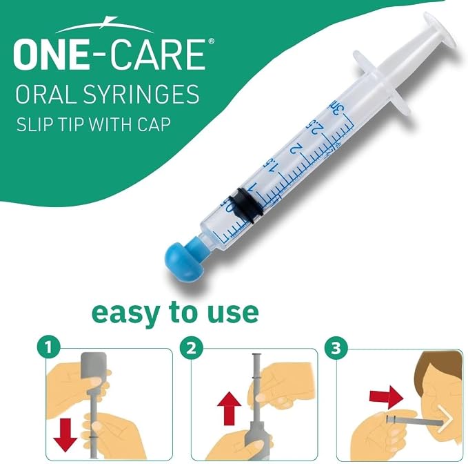ONE-CARE 3ml Oral Syringe with Cap - Sterile, Individually Wrapped - 100 Syringes, Slip Tip, Uses include oral administration of medicine for infants, adults and animals