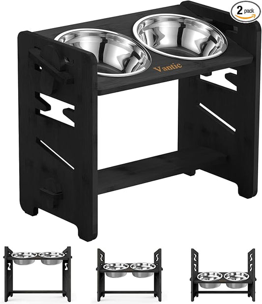 Vantic Elevated Dog Bowls, Adjustable Raised Dog Bowl Stand for Medium Sized Pet, Sturdy Bamboo Food Feeder with 2 Stainless Steel Dishes, Black