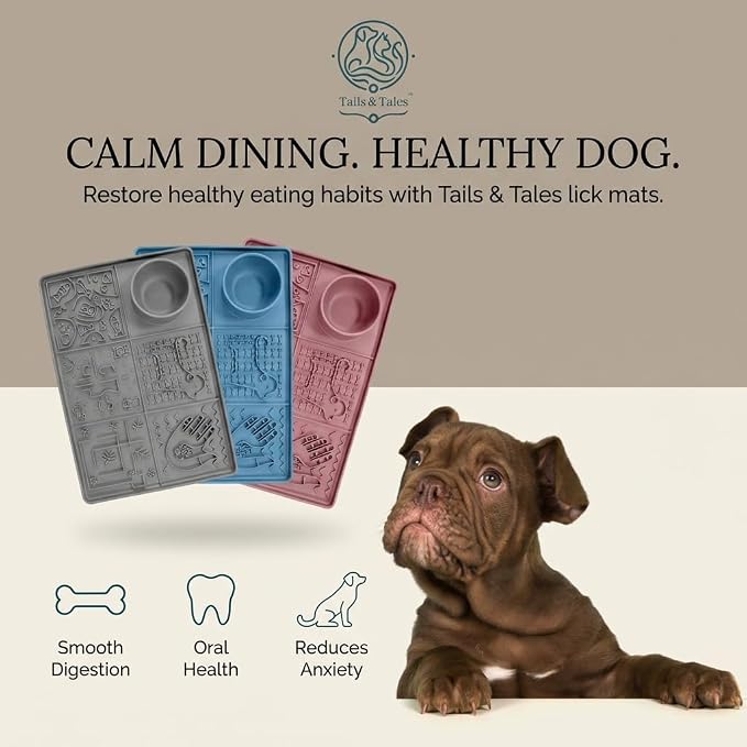 Tails & Tales Large Lick Mat for Dogs & Cats (11.2×16.7 in) with Strong Suction Cups, Slow Feeder Licking Pad for Anxiety Relief, Boredom & Bathing, Dog Enrichment Toy for Peanut Butter Yogurt (Gray)