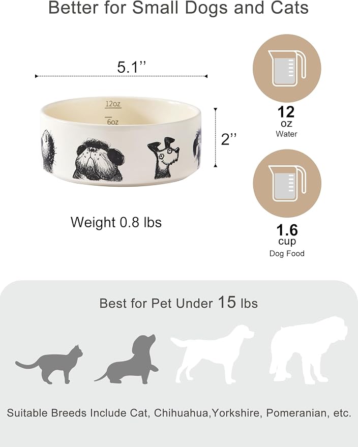 Ceramic Cute Dog Bowl Set of 2 for Small Dogs & Cats, Heavy Non-Slip Stoneware Food and Water Bowls – 1.6 Cups, Microwave & Dishwasher Safe, Pet Feeding Set