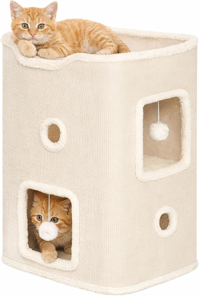 Cat House, Cat Beds for Indoor Cats, 2-Story Cat Condo Cube with Scratch Pad and Fluffy Ball Hanging, Multi-Level Cozy Hideout Center Ideal for Small/Medium Cats