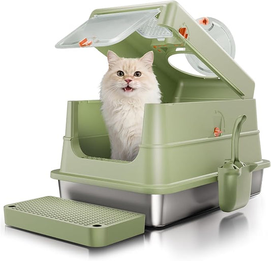 Stainless Steel Cat Litter Box with Lid, Extra Large Enclosed Metal Litter Pan with High Sides, Full Flip Cover Litter Box for Large Cat, Include Scoop & Step, Leak Proof Easy Clean Odor Control,Green