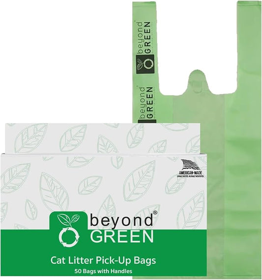 beyondGREEN Cat Litter Waste Bags with Handles, 50 Count – Green – 8" x 16" with 2.5" Gussets – Strong, Easy-Tie Daily Litter Clean-Up Bags