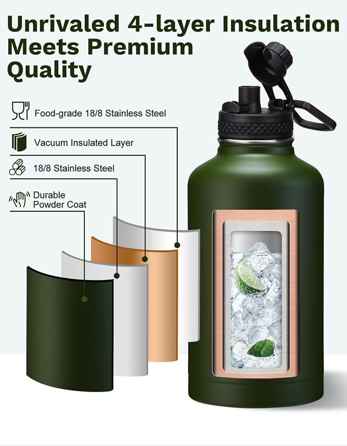 64 oz Canteen Water Bottle with Strap Tactical Half Gallon Insulated Jug Cold for 48 Hrs Stainless Steel Military Large Flask with Spout Lids, Carrier Bag Ideal for Hunting Survival Hiking Camping
