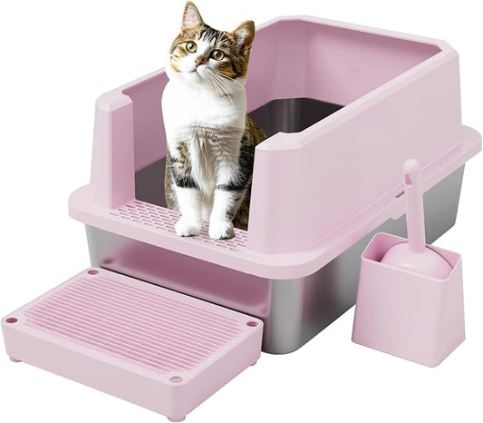 RIZZARI Pink Large Heavy-Duty 304 Stainless Steel Cat Litter Box - Open Pan with High Sides & Leak-Proof, Odor-Resistant & Easy Clean, Non-Stick Coating, for Big Cats in Apartments & Bathrooms