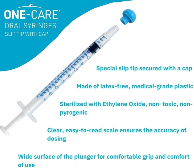 ONE-CARE 1ml Oral Syringe with Cap - Sterile, Individually Wrapped - 100 Dispensers, Slip Tip, Uses include oral administration of medicine for infants, adults and animals