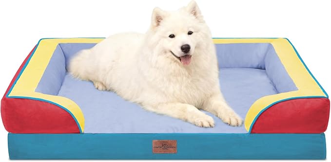 Comfort Expression Orthopedic Dog Bed for Large Dogs 36x27 Inch, Waterproof Egg Crate Foam Large Pet Bed with Bolsters, Dog Couch with Washable Cover & Non-Slip Bottom, Funfetti Fiesta