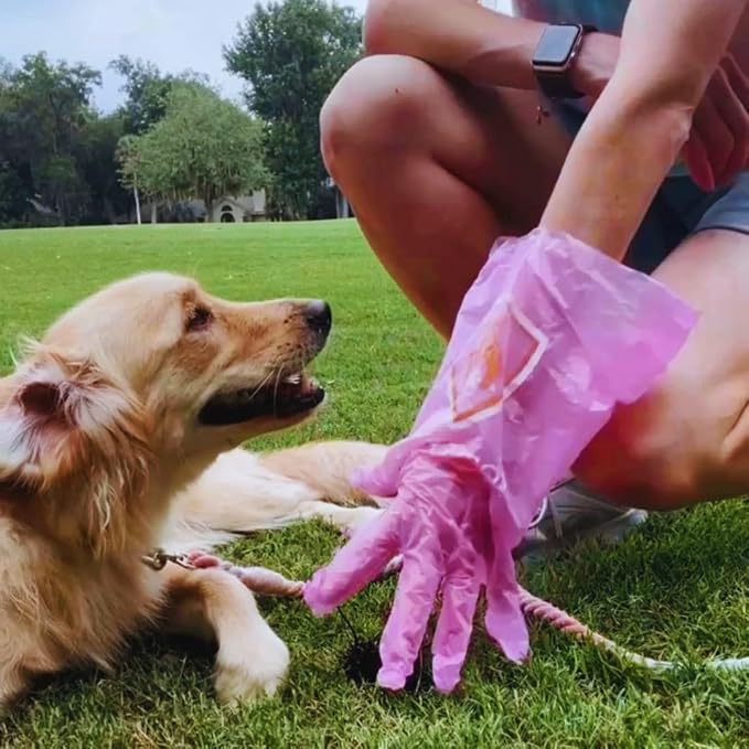 Noble Pets Dog Gloves - 8+ Ways to Use Them| Leak Proof | Extra Long Tie Handles | Eco-Friendly (Pink, 160 gloves)