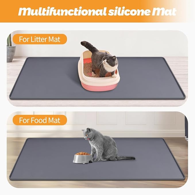 Kalolary Cat Litter Mats, 51" x 25.6" Extra Large Silicone Cat Mat for Litter Box, Easy to Clean Kitty Litter Trapping Mat, Soft on Kitty Paws, Waterproof, Urine-Proof Kitty Litter Mats for Floor,Grey