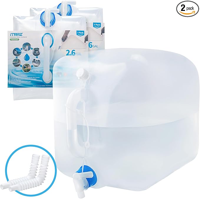 Collapsible Water Container with Spigot, 2×2.6 Gallon BPA Free Camping Water Storage Jug Carrier for Outdoors Hiking Backpack RV&Emergency, Survival Water Canteen-Portable Foldable Transparent