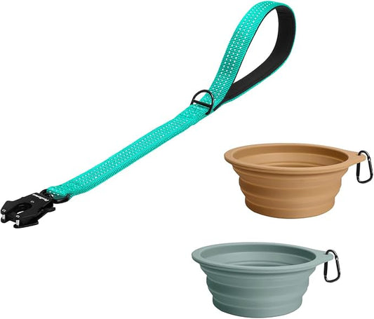 PetBonus Heavy Duty 24 Inch Short Dog Leash and 2-Pack Large Silicone Collapsible Dog Bowls
