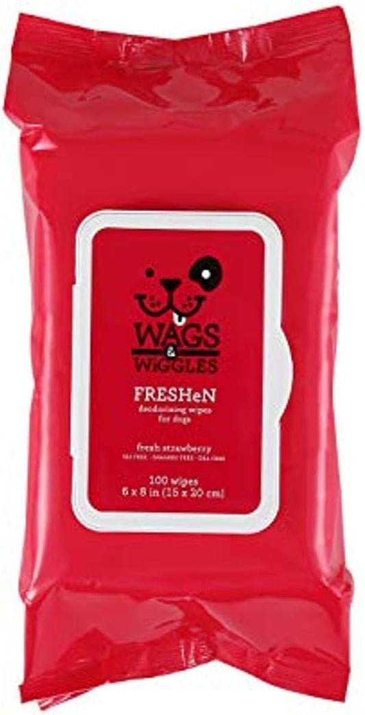 Wags and Wiggles Freshen Deodorizing Wipes for Dogs, Fresh Strawberry Scent - Dog Wipes that Eliminate Odors Between Baths, Easy at-Home Grooming, Dogs and Puppies, 100 Count