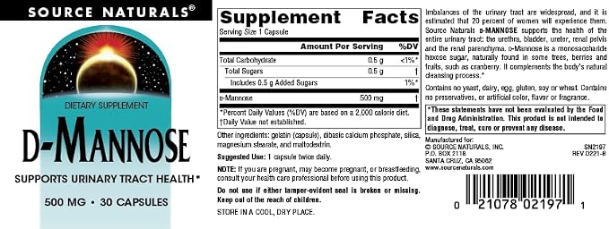 Source Naturals D-Mannose, Potent Urinary Tract & Bladder Health Support*, 500mg - 30 Capsules