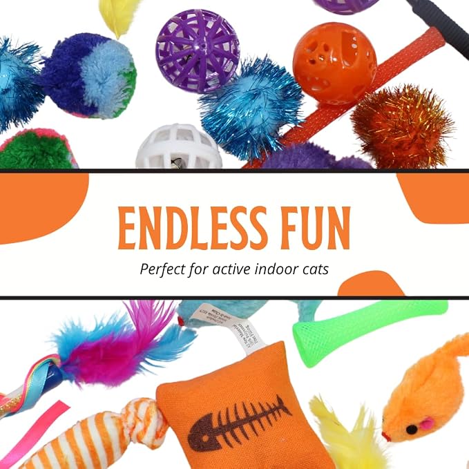 Kitty Catnip Toys- 30 Interactive Cat Toys for Indoor Cats & Kittens – Crinkle Balls, Sparkle Pom Pom Balls, Spiral Springs, Cat Mice, Teaser Wand, Kitten Toys, Cat Accessories - Variety Pack