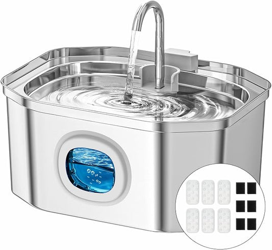 Cat Water Fountain, Apauk 108oz/3.2L Silent cat Water Fountain Stainless Steel, Cat Fountain, Automatic Dog Water Fountain,Controllable Blue Light - (6 Filters& 6 Sponges)