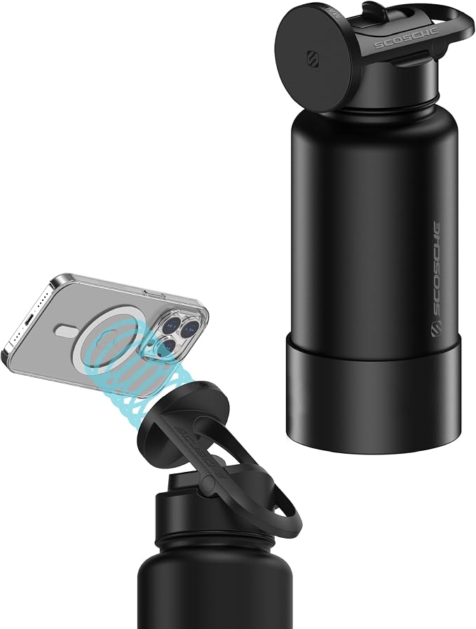 Scosche MFMS32 MagicMount Flask 32 oz Stainless Steel Water Bottle with MagSafe Phone Mount Stand, 12H Hot & 24H Cold, Insulated Flask with Magnetic Phone Holder for Gym, Travel, Sports, 32oz Black