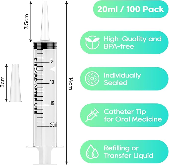 JOLLY PARTY 100 Pack 20mL Syringes, Plastic Syringes with Catheter Tip and Cap, Individually Sealed Feeding Syringe For Dogs, Measuring Syringe For Liquid, Scientific Labs, Refilling, Dispensing