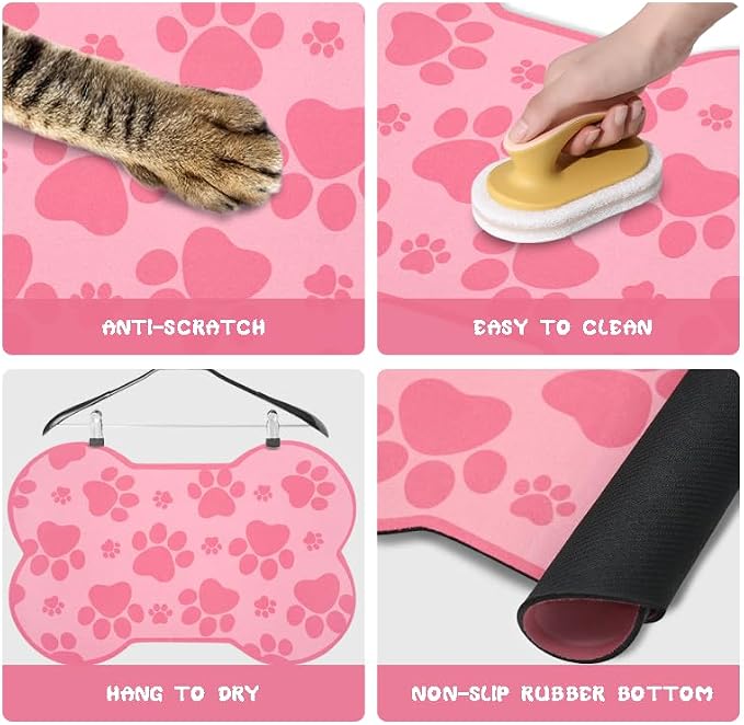 Dog Food Mats for Floors Waterproof, Pet Feeding Absorbent Water Bowl Mat Cat Placemats Pink Bone Shape 25.5 * 17 inch