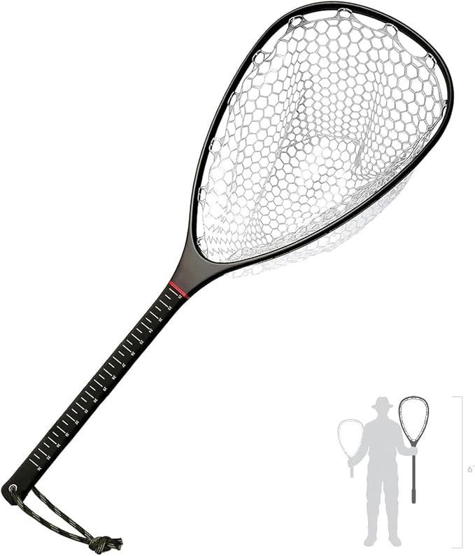 Riverruns Fly Fishing Landing Net Carbon Fiber Trout Net with Measurement Handle, Soft Rubber Mesh - 26" Standard (Wading) / 37" Long (Kayak)