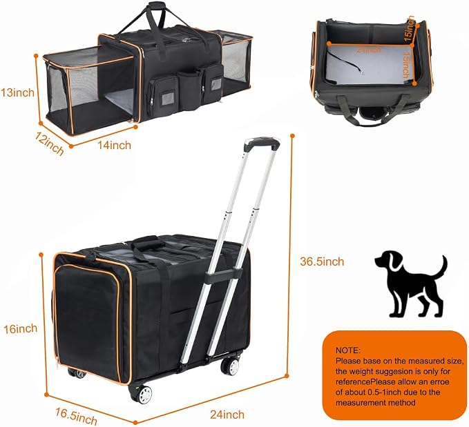 2 in 1 Large Rolling Cat Carrier for 2 Cats, Expandable Double Pet Carrier with Wheels, Removable Divider, Travel Crate for Car/Camping/Vet