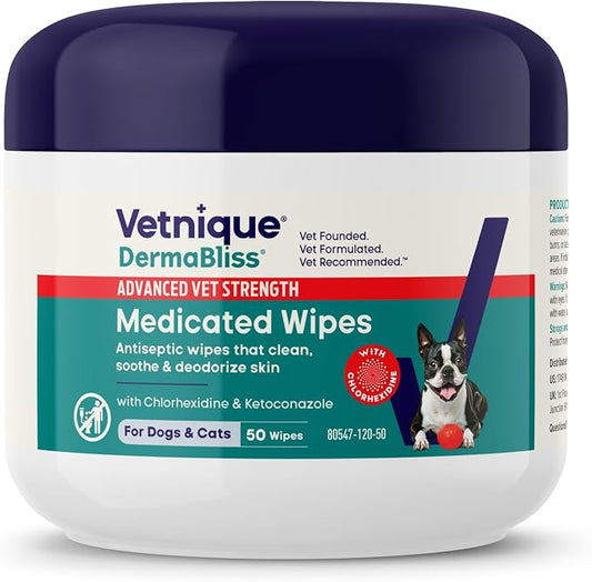 Vetnique Dermabliss Chlorhexidine for Dogs & Cats Wipes - Ketoconazole Medicated Antibacterial & Antifungal Skin Wipes for Hot Spots, Yeast Infection, Yeasty Paws, Itch & Smelly Folds, 50 Count Small
