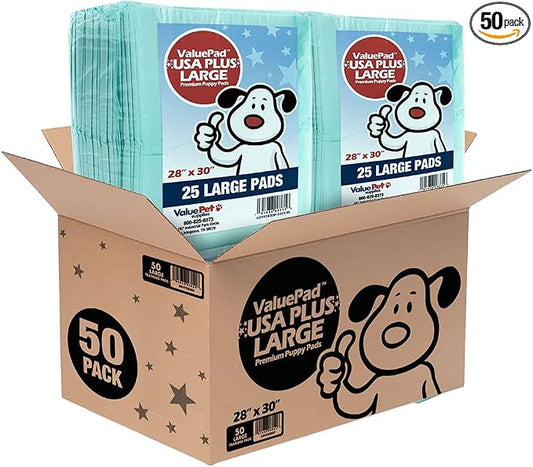ValuePad USA Plus Puppy Pads, Large 28x30 Inch, 50 Count - Premium Puppy Pee Pads for Dogs, Tear Resistant, Super Absorbent Polymer Gel Core, 5-Layer Design