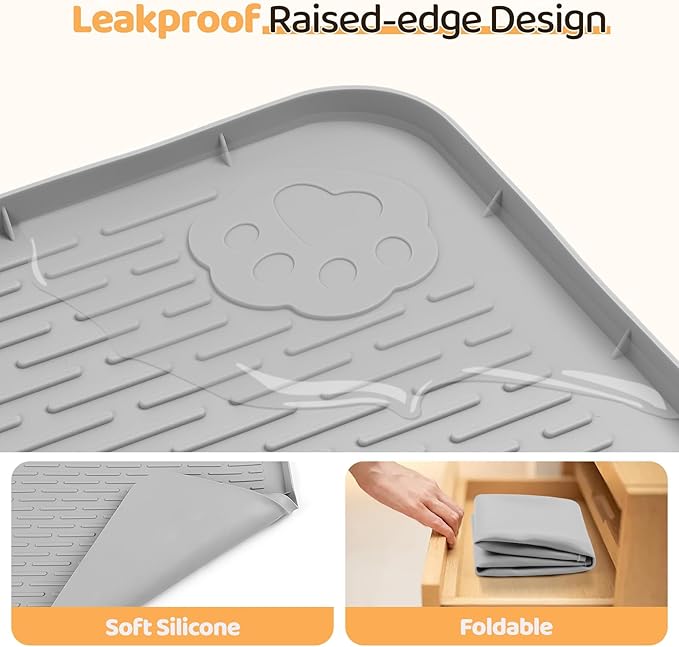 Dog Food Mat, Extra Large 57" x 40" Silicone Pet Feeding Mat with Raised Edge Pet Placemat for Small, Medium, and Large Pets Non-Slip, Easy to Clean (Light Grey)