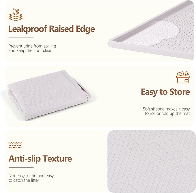 Cat Food Mat with Toy Ball, 34'' x 22'' Extra Large Silicone Pet Feeding Mat with Raised Edge Pet Placemat for Food and Water Bowl Non-Slip, Easy to Clean, Floor Protection (White)