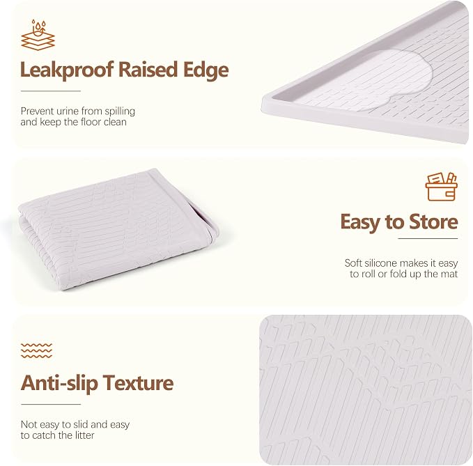 Cat Food Mat with Toy Ball, 38'' x 25'' Extra Large Silicone Pet Feeding Mat with Raised Edge Pet Placemat for Food and Water Bowl Non-Slip, Easy to Clean, Floor Protection (White)