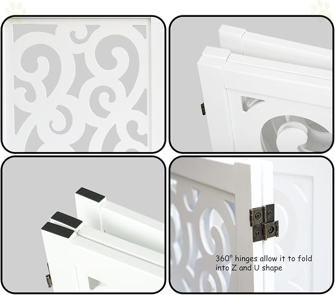 Ashfield & Harkness: 4-Panel Pet Gate - Scroll White - Wooden Foldable Freestanding Dog Fence, 80 x 23.5, Doorways-Halls-Stairs, 360 Rotated Hinges