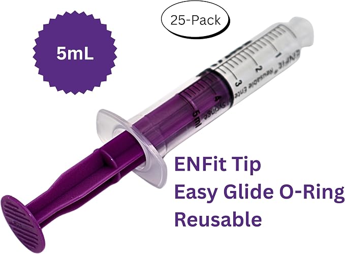 Envue ENFit 5mL Reusable O-Ring bFed Syringe for Tube Feeding, 25-Pack, Purple Plunger