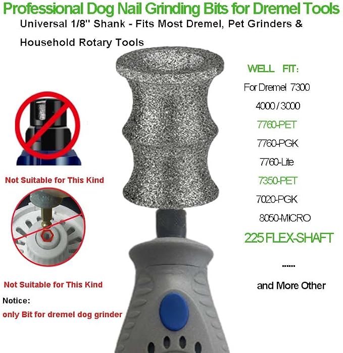 Diamond Dog Nail Grinder Bits Attachments for Dremel 7760 7350 7300 - 1/8'' 80 Grit Replacement Heads Refills & Tip for Most Pet Grinders - Painless & Safe for All Dogs Cats Thick Tough Nails Grooming | Safe Grooming Diamond Bit, Smooth Thick Dog Nails...