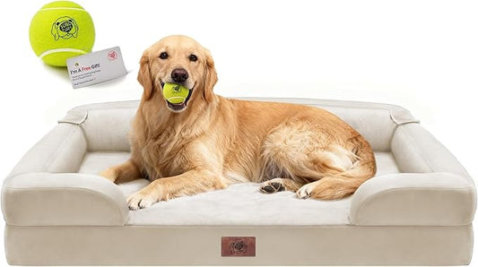 Extra Large Dog Bed, Orthopedic XL Washable Bed for Big Dog Waterproof Pet Couch Sofa Bolster with Removable Cover, Non-Slip Bottom, Tennis Ball Toy, 42 x 30