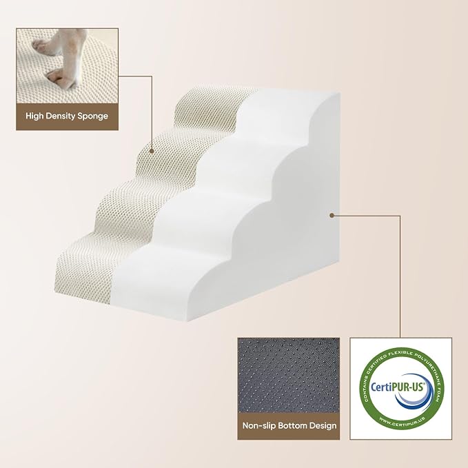 PAWSCRAT Dog Stairs for Small Pets, 11.8" H with 30D Material Soft Foam, Portable Ramp Non-Slip Surface Non-Slip for Couch and High Bed Climbing, 2-Step Stairs for Cat or Dog, Beige