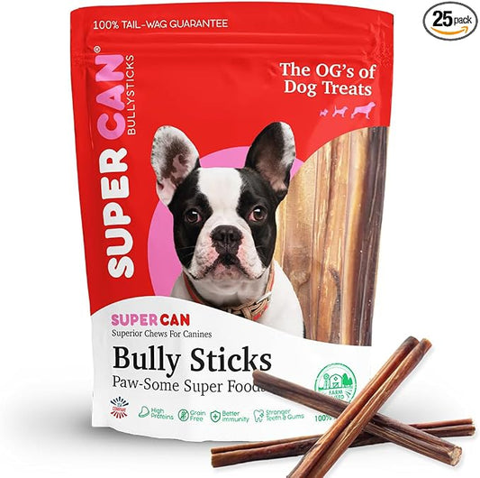 Bully Sticks for Dogs 6" Standard [25-Count] 100% Natural Dog Chews - Long Lasting Chew Medium Large Dogs - Free Range Grass Fed - Non GMO Beef - Treats for All Breeds