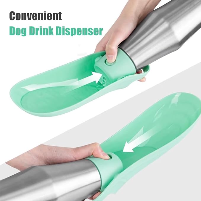 Portable Dog Water Bottle with Dispenser, 750ml Stainless Steel Travel Cup and Collapsible Water Bowl for Outdoor Activities, Walking,Hiking, Road Trips (Light Green)