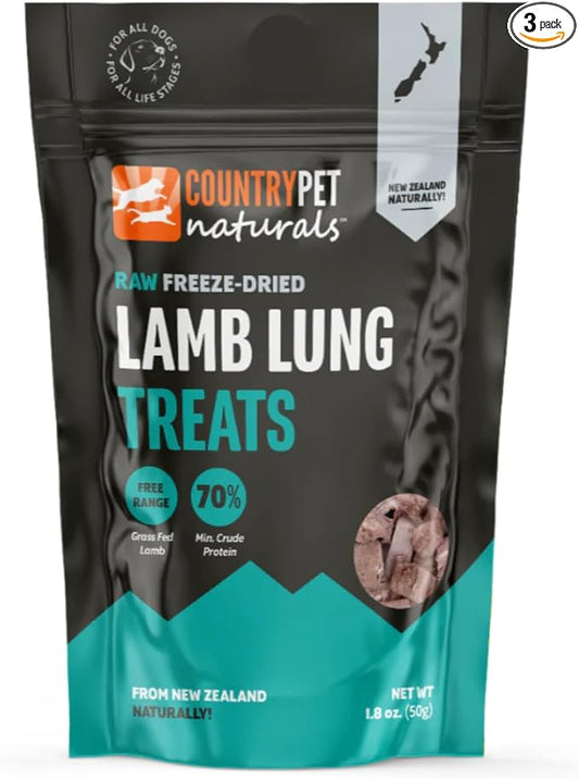 New Zealand Raw Freeze-Dried Pure Lamb Lung 70% Protein Bites - 100% Grass-Fed, Super Premium, Single Ingredient, Grain & Gluten Free Dog Treat & Topper. No Crumbling, 3-Pack